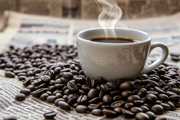 Steaming Coffee with Beans and Newspaper