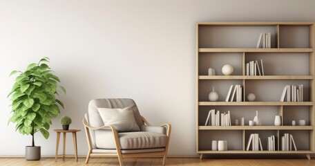 A Modern Living Room Set-Up with a Comfortable Armchair and a Well-Crafted Wooden Bookshelf
