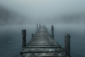 Fog envelops an empty wooden pier, creating a scene of solitude and contemplative silence.