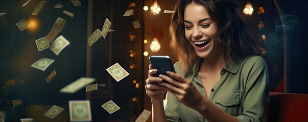 Happy excited young woman relaxing on couch using phone winning money in online app game. 