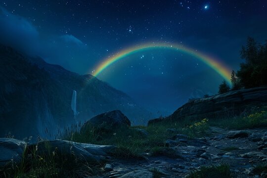 Night landscape with a moonbow over a waterfall, a rare natural phenomenon creating a mystical atmosphere.
