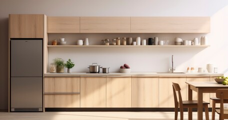 A Modern Contemporary Kitchen with Minimalistic Details, Featuring Streamlined Cabinets and Hanging Shelves