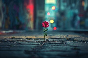 A single rose growing through urban concrete, a testament to resilience and hope in the city. - obrazy, fototapety, plakaty
