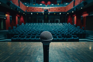 View from the stage of an empty theater with a single microphone, anticipating a performance. - obrazy, fototapety, plakaty