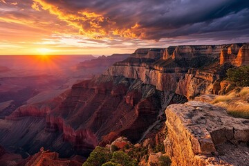 Breathtaking sunrise at the Grand Canyon, with vibrant hues painting the vast rock formations.