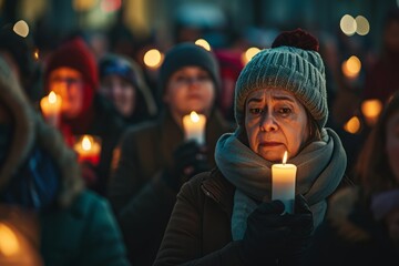 A woman holds a candle at a vigil, her face reflecting the solemnity of the event amidst a crowd of people. - obrazy, fototapety, plakaty