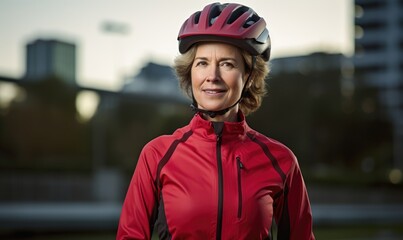 Portrait photography of a woman cyclist wearing cycling helmet in the city park background.