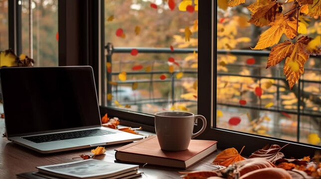 Laptop and coffee on autumn window Seamless looping 4k time-lapse virtual video animation background. Generated AI