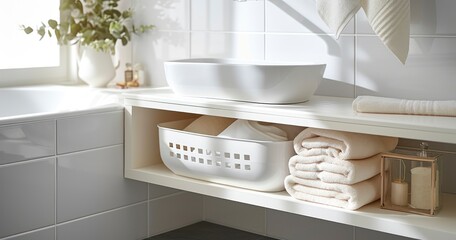 A Glimpse into a Clean, Modern White Bathroom with Chic Storage Solutions