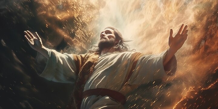jesus opening the skyes close up view illustration, receiving blessings from god,