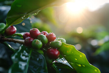 Dewy Coffee Cherries at Sunrise