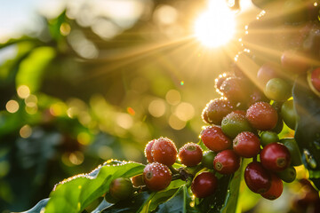 Ripe red coffee berries on a branch with sunlight filtering through leaves