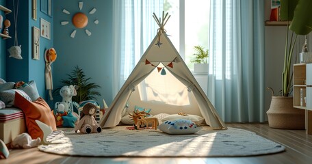 A Cozy and Creative Kid's Room with a Charming Tent, Toys, and Dolls Illuminated by Soft Sunlight