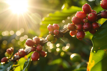 Coffee Berries on Branch in the Morning Sun