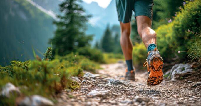 Men's Legs, Decked in Running Shoes, Embark on a Adventure Along a Scenic Mountain Trail