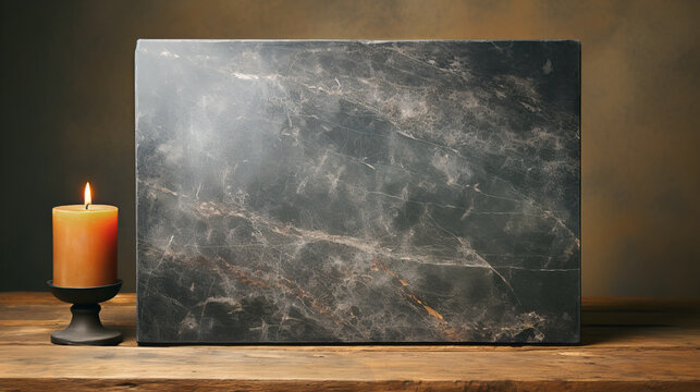 empty marble slab and a lighted wax candle stands next to it. funeral services