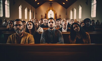 people sit in the church and listen to the pastor's sermon during the service
