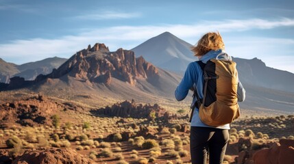 Naklejka premium A Young Woman's Reflective Stand on a Stone, Backpack in Tow, Looking Forward