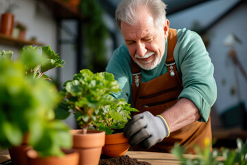 Fototapeta premium Cultivating Tranquility: Older Gentleman and Potted Greenery