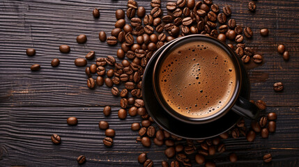  Overhead shot of black coffee cup surrounded by coffee beans on a dark wood table