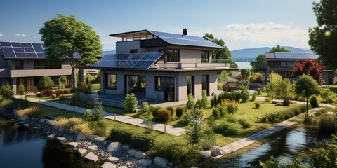 Fototapeta na wymiar minimalistic design Drone view of residential houses with photovoltaic solar panels