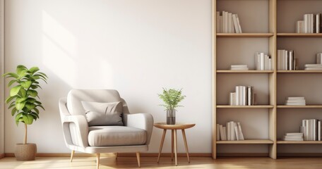 A Harmonious Living Room Interior with a Plush Armchair and Wooden Bookshelf, Ideal for Home Design Inspiration