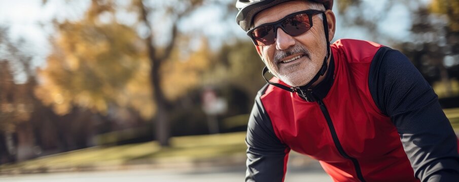 Portrait photography of a happy man cyclist riding a bicycle and wearing cycling helmet in the city park background.