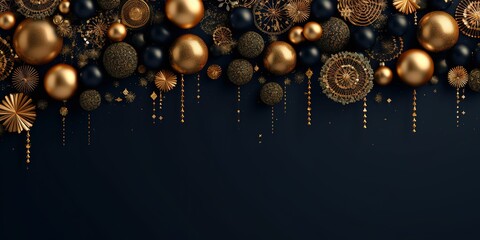 minimalistic design Luxury gold Christmas decorations on dark blue background. - Powered by Adobe
