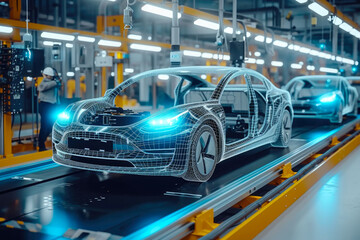 Obraz premium Next-Gen Automotive Production: Futuristic Robotic Assembly Line Stats