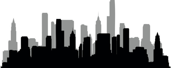 City Skyline silhouette, urban landscape vector. Modern cityscape, skyscrapers, buildings in black and white. Ideal for web banners, backgrounds. Stark contrast, clean lines, edges
