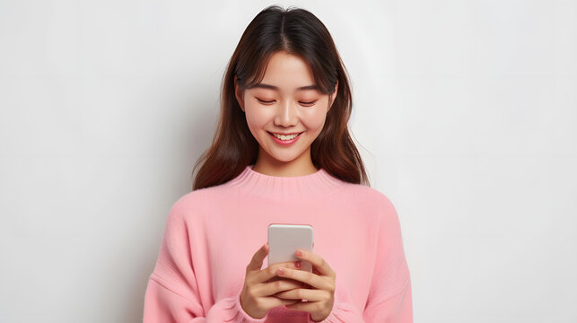 happy smiling pretty asian woman holding mobile phone looking at smartphone, typing, doing ecommerce online shopping on cell isolated on studio white background, communication technology concept