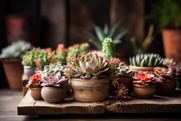 Charming Display: 90883 Small Succulent Plants in Clay Pots on Rustic Wooden Table