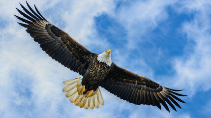 Obraz premium American bald eagle soars gracefully through the blue sky, showcasing its powerful wings and beak in a mesmerizing display of wildlife in flight