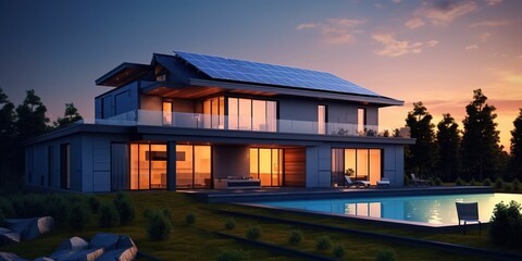 minimalistic design Modern house with blue solar panels on the roof