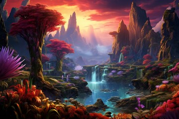 Alien planet with vibrant and alien-like flora and fauna.