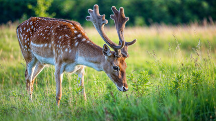 Obraz premium Beautiful brown deer with impressive antlers in a lush forest setting, surrounded by nature's beauty