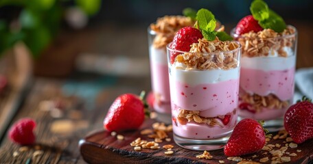 A Luxurious Breakfast of Creamy Yogurt with Fresh Fruits and Sweet Strawberries in a Glass