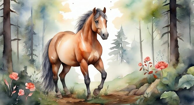 Watercolor hand painted cute horse on the forest from Generative AI