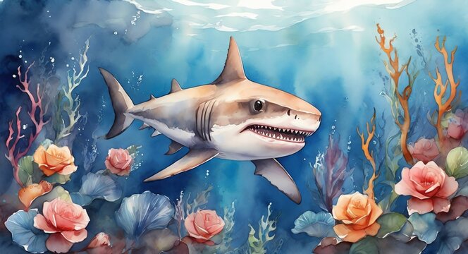 Watercolor hand painted cute shark on underwater of ocean from Generative AI