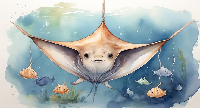 Watercolor hand painted cute stringray on underwater of ocean from Generative AI