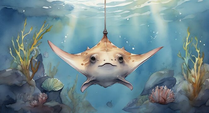 Watercolor hand painted cute stringray on underwater of ocean from Generative AI
