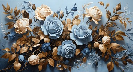 Blue oil hand painting on canvas arrangements of roses, leaves, and branches with botanical theme, visible brush strokes from Generative AI