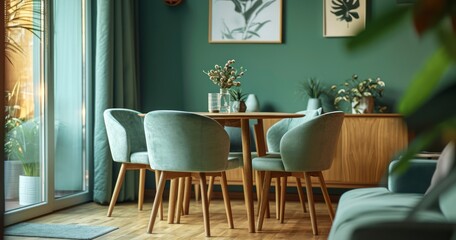 Mid-Century Inspired Living Room with Mint Chairs, Wooden Dining Table, Cozy Sofa, and a Cabinet Against a Green Wall