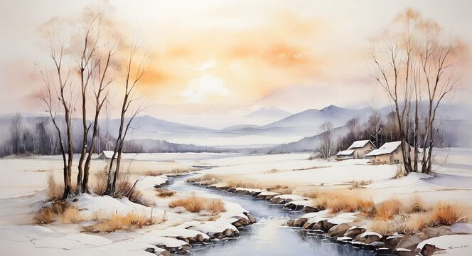 Oil hand painting on canvas arrangements of winter landscape, visible brush strokes watercolor from Generative AI