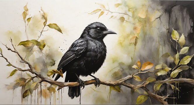 Oil hand painting on canvas of black bird on a tree branch, visible brush strokes watercolor from Generative AI