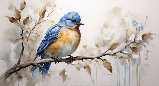 Oil hand painting on canvas of blue bird on a tree branch, visible brush strokes watercolor from Generative AI