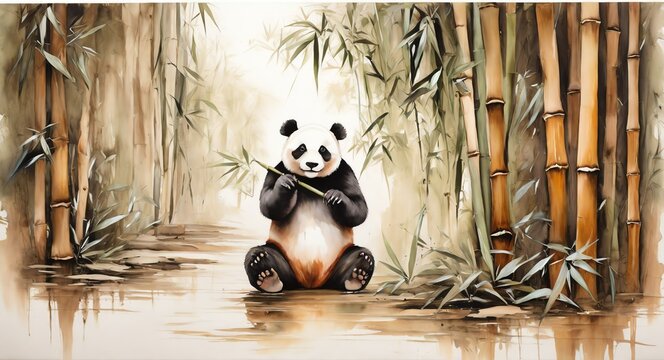 Oil hand painting on canvas of brown bamboo trees with a panda, visible brush strokes watercolor from Generative AI