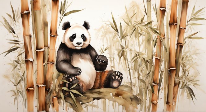 Oil hand painting on canvas of brown bamboo trees with a panda, visible brush strokes watercolor from Generative AI