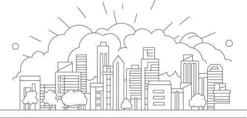 A continuous line drawing of iconic buildings and a setting sun in the background vector illustration