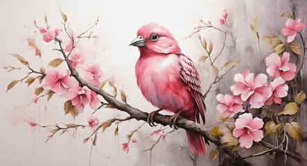 Oil hand painting on canvas of pink bird on a tree branch, visible brush strokes watercolor from Generative AI